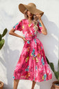 Summer Floral Print Crumpled Short Sleeve Dress S Red
