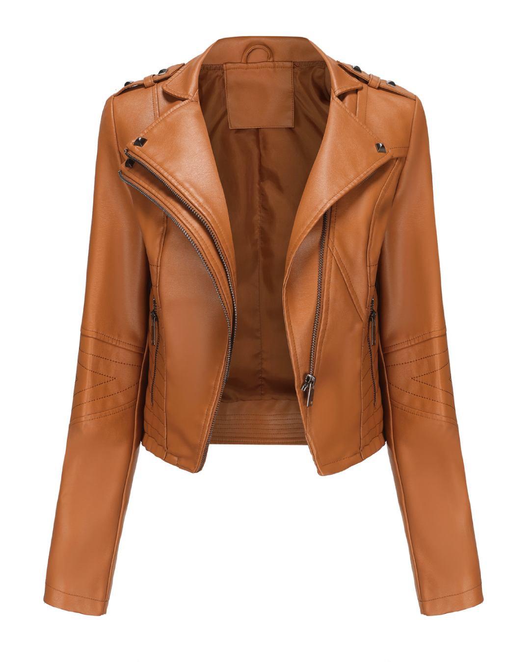 Slim Fit Long Sleeved Leather Jacket Camel S 