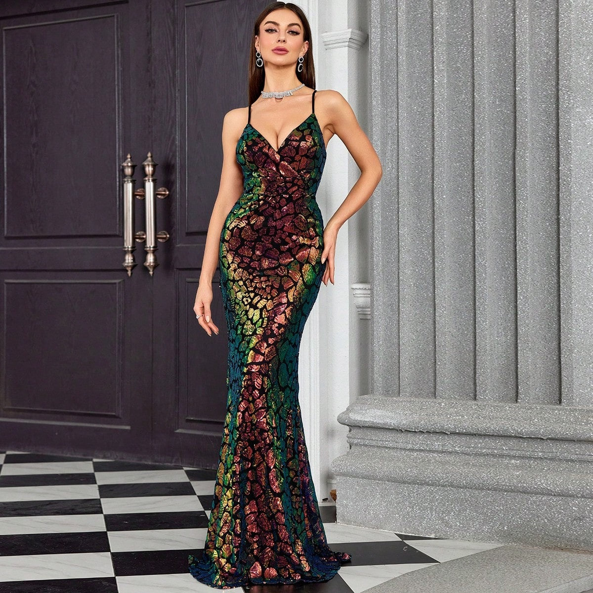 V neck Brace Evening Dress Fishtail Elegant Dress S Multi