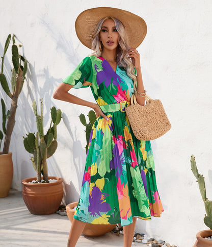 Summer Floral Print Crumpled Short Sleeve Dress
