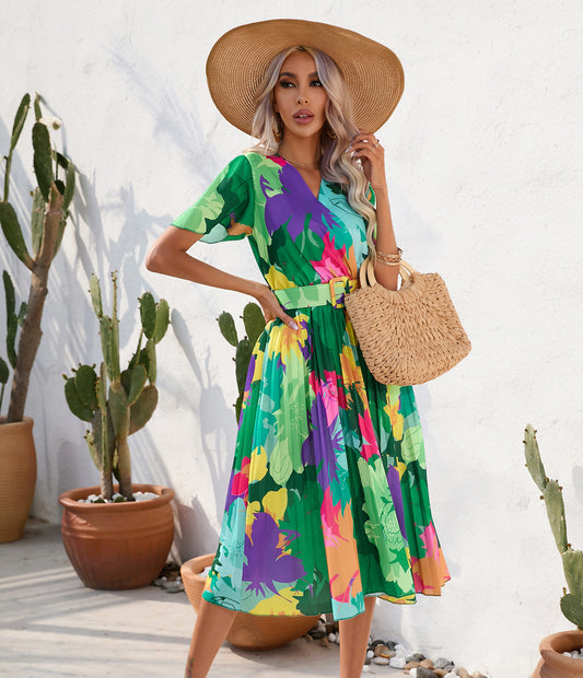 Summer Floral Print Crumpled Short Sleeve Dress