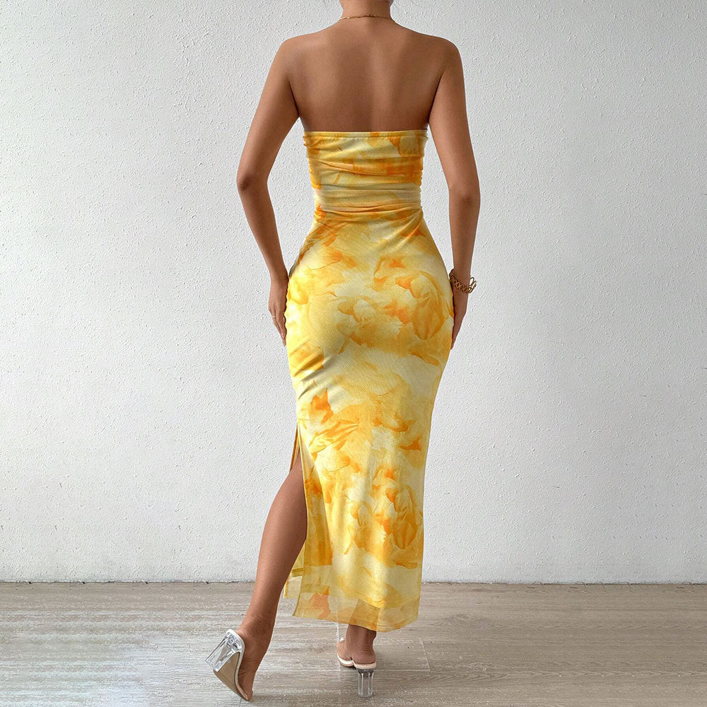 Printed Dress SpringHigh Waist Slit Tube Top Dress