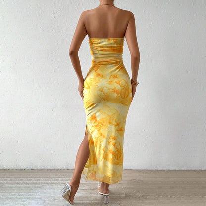 Printed Dress SpringHigh Waist Slit Tube Top Dress