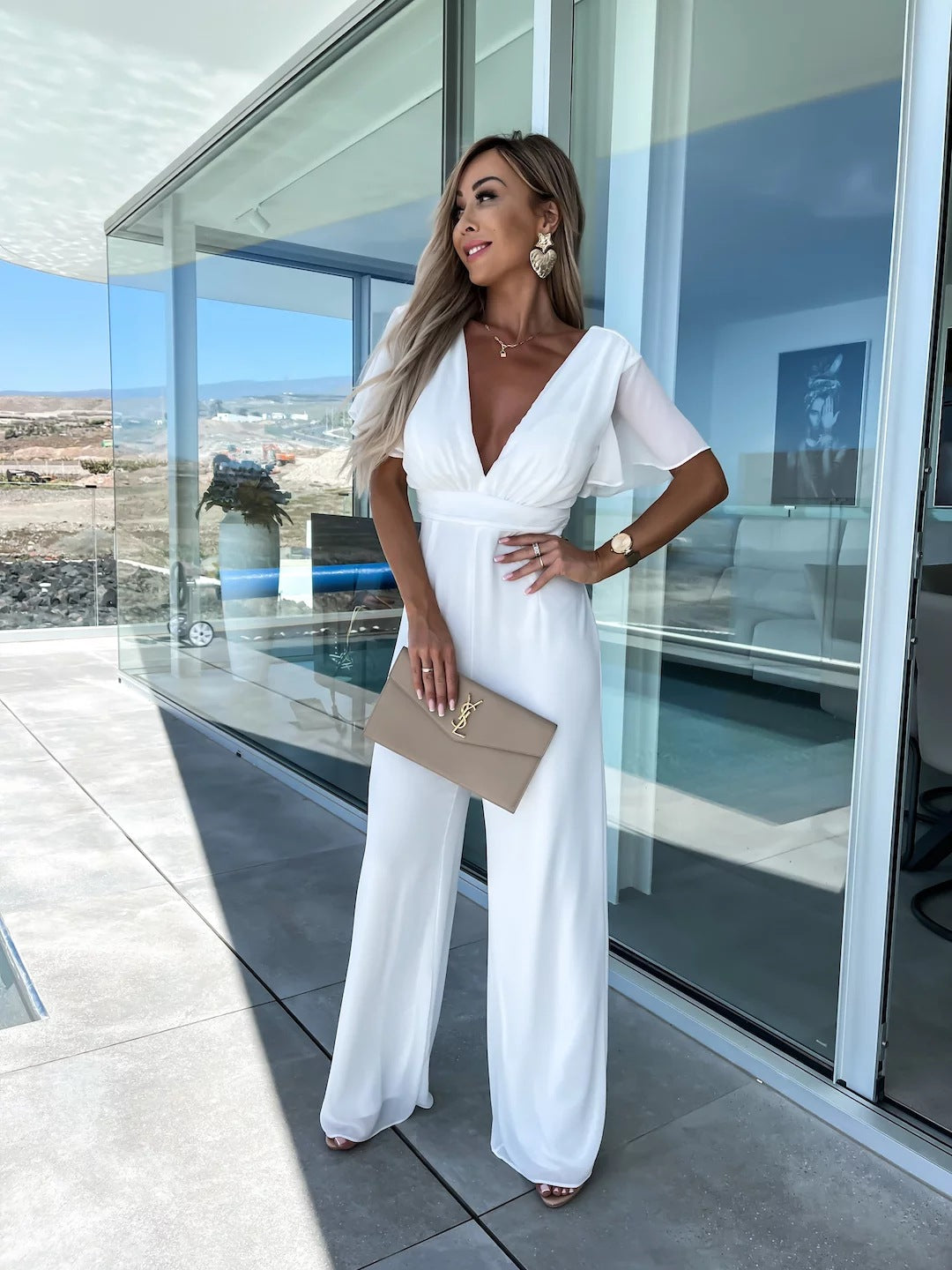 V neck Casual Short Sleeve Dress Loose Vacation Wide Leg Trouser
