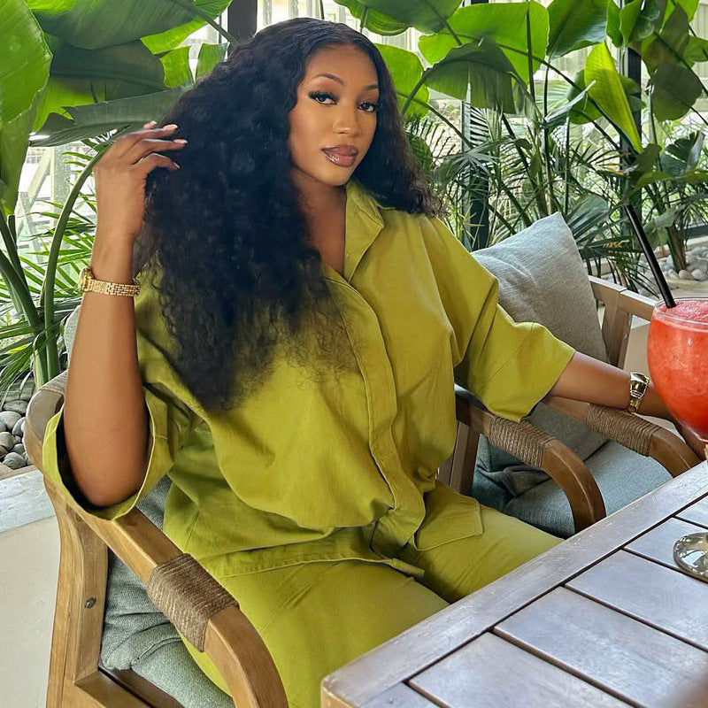 Summer plus Size Loose Cardigan Trousers Two Piece Sets Women S Green