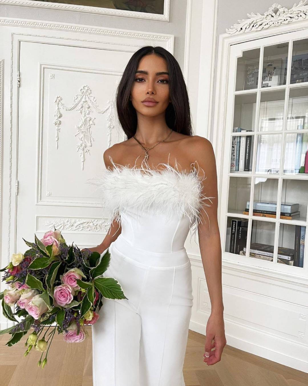 Deep V Plunge Feather Jumpsuit S White 