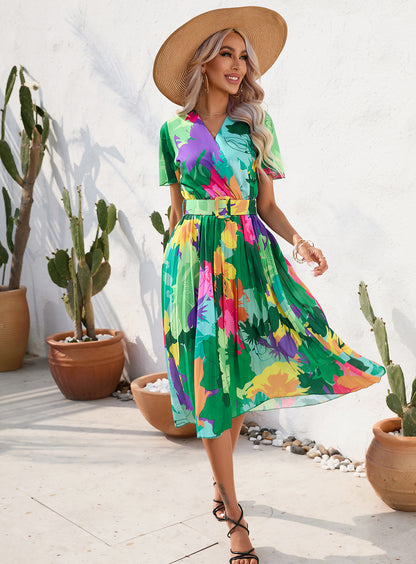 Summer Floral Print Crumpled Short Sleeve Dress