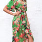 Chest Buckle High Waist Slim Pleated Printing Slip Dress Women S Green