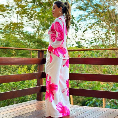Printed shirt and wide leg casual set