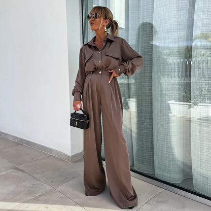 Long Sleeved Faux Pocket Shirt Elegant Trousers