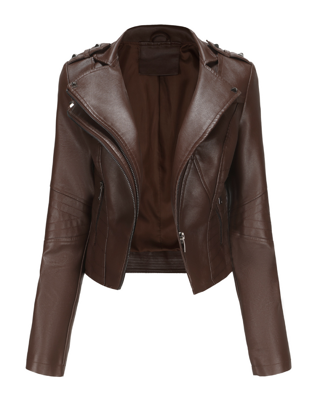 Slim Fit Long Sleeved Leather Jacket Coffee S 