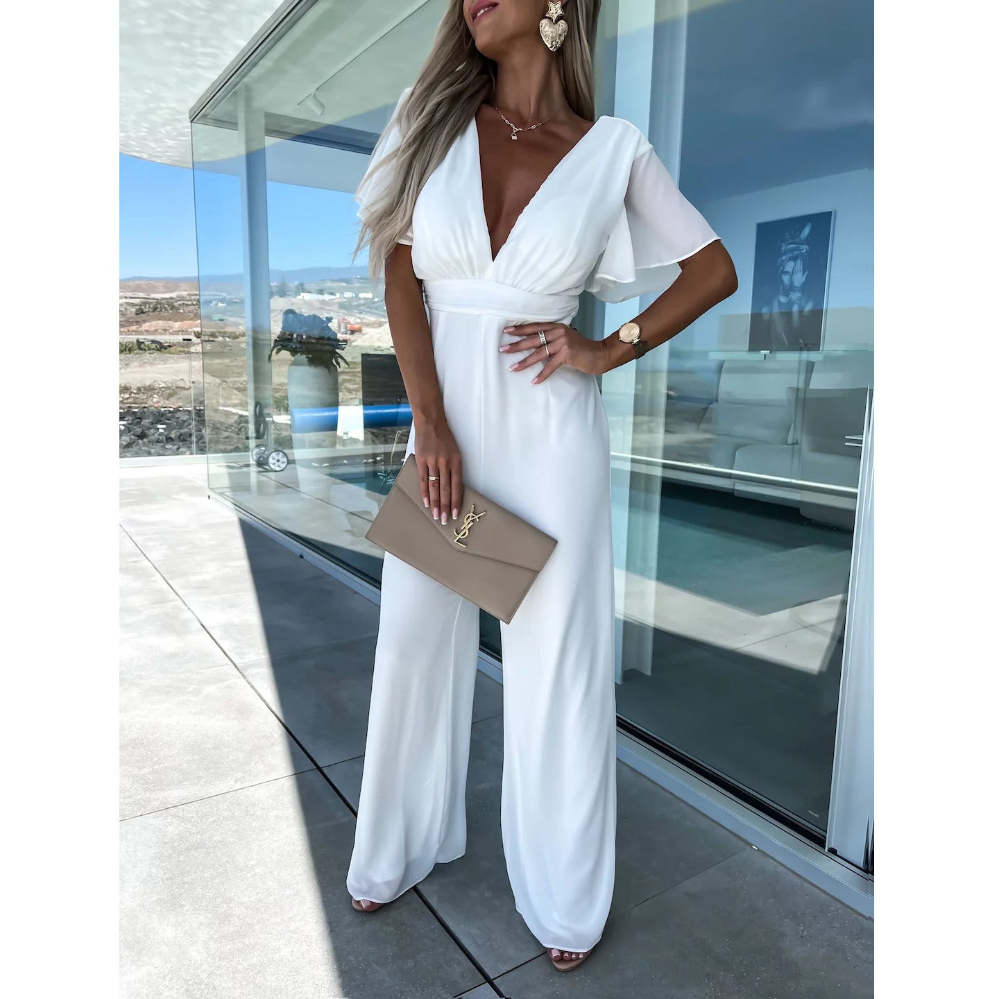 V neck Casual Short Sleeve Dress Loose Vacation Wide Leg Trouser S White