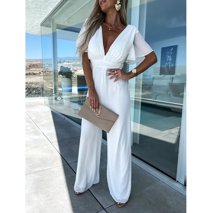 V neck Casual Short Sleeve Dress Loose Vacation Wide Leg Trouser S White
