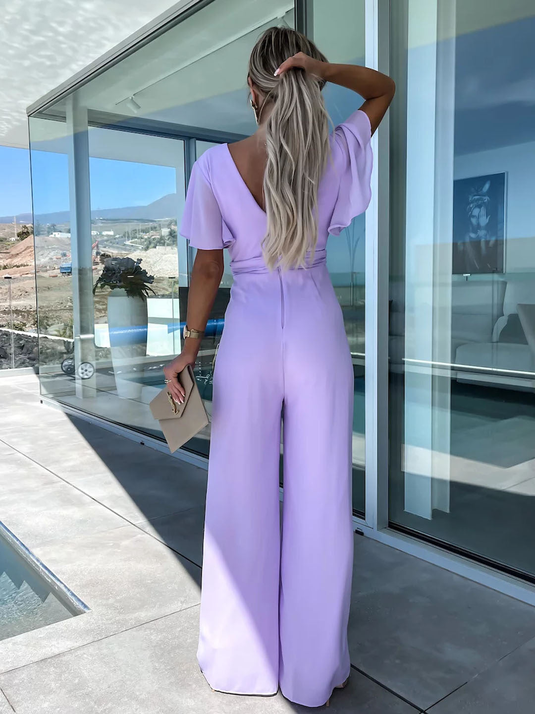 V neck Casual Short Sleeve Dress Loose Vacation Wide Leg Trouser