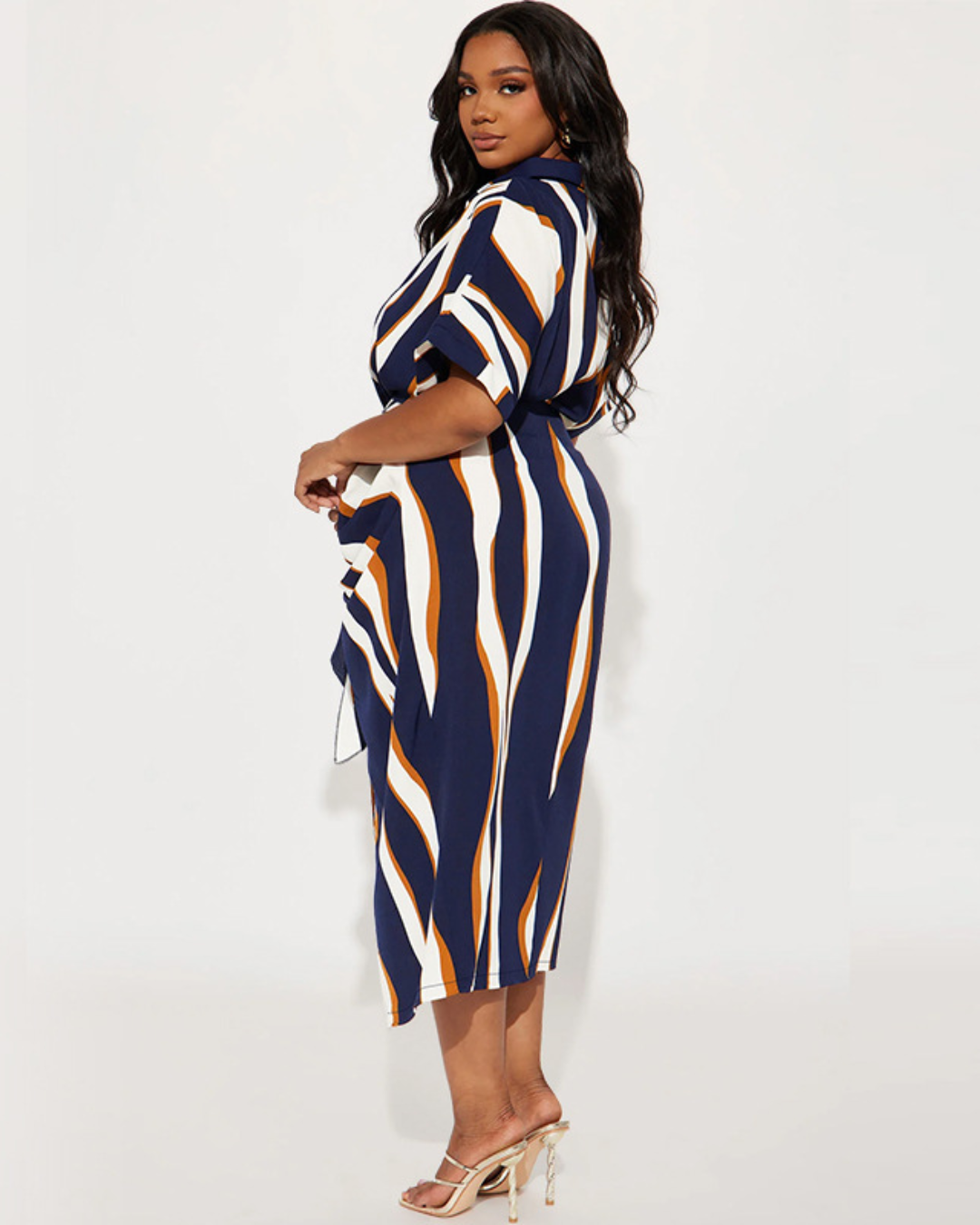 Plus Size Striped Bandage Collared Dress   