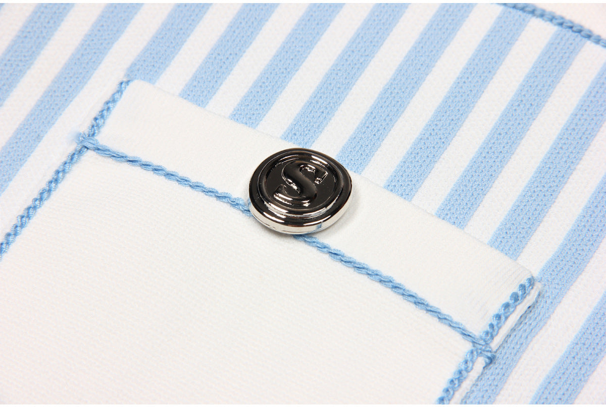 Sleeveless Knit Striped Collared pocket short Dress