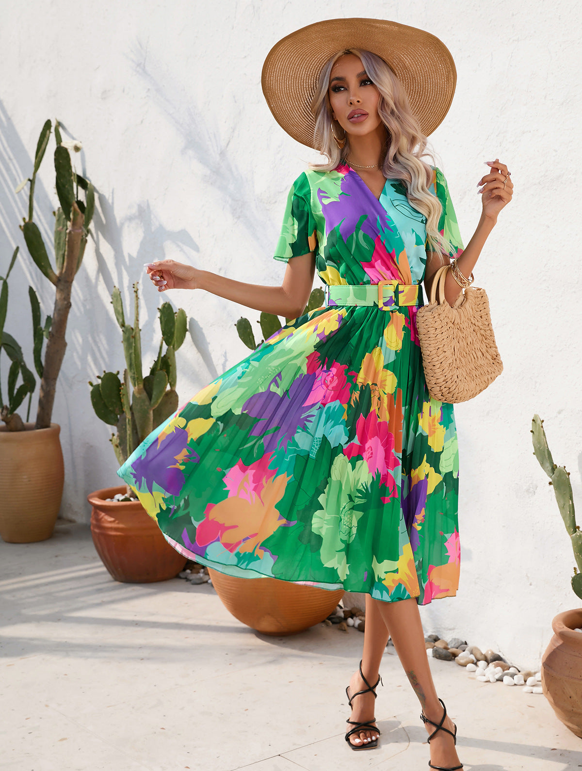 Summer Floral Print Crumpled Short Sleeve Dress