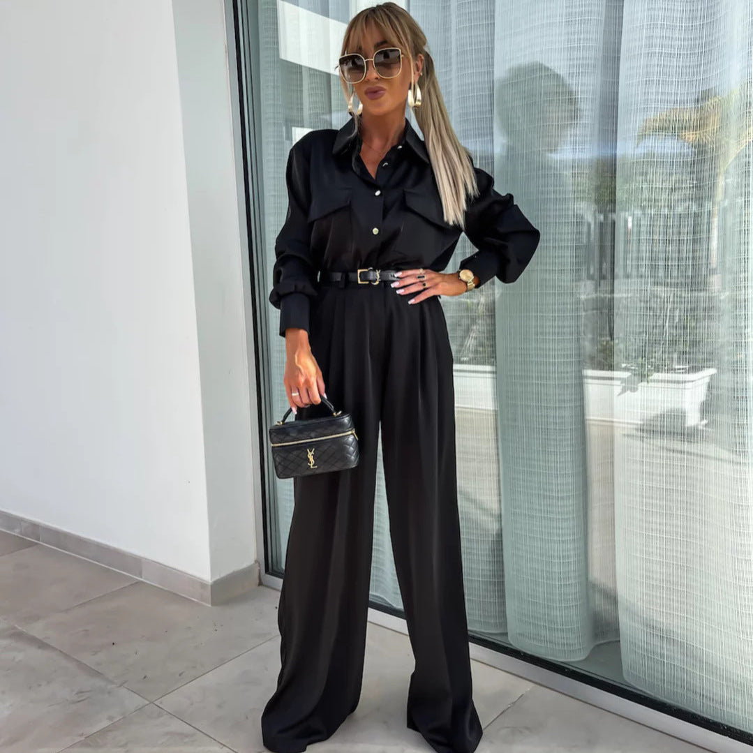 Long Sleeved Faux Pocket Shirt Elegant Trousers