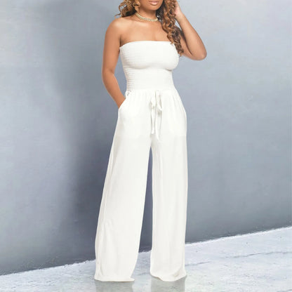 Strapless Ruched Wide-Leg Romper White S