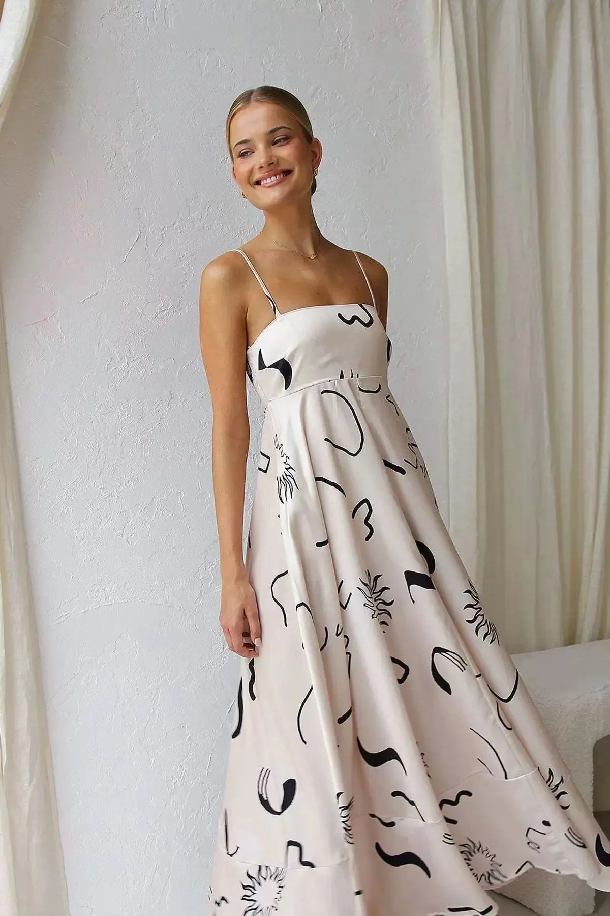 Sexy Off-Shoulder Backless Print Gown S Champagne color