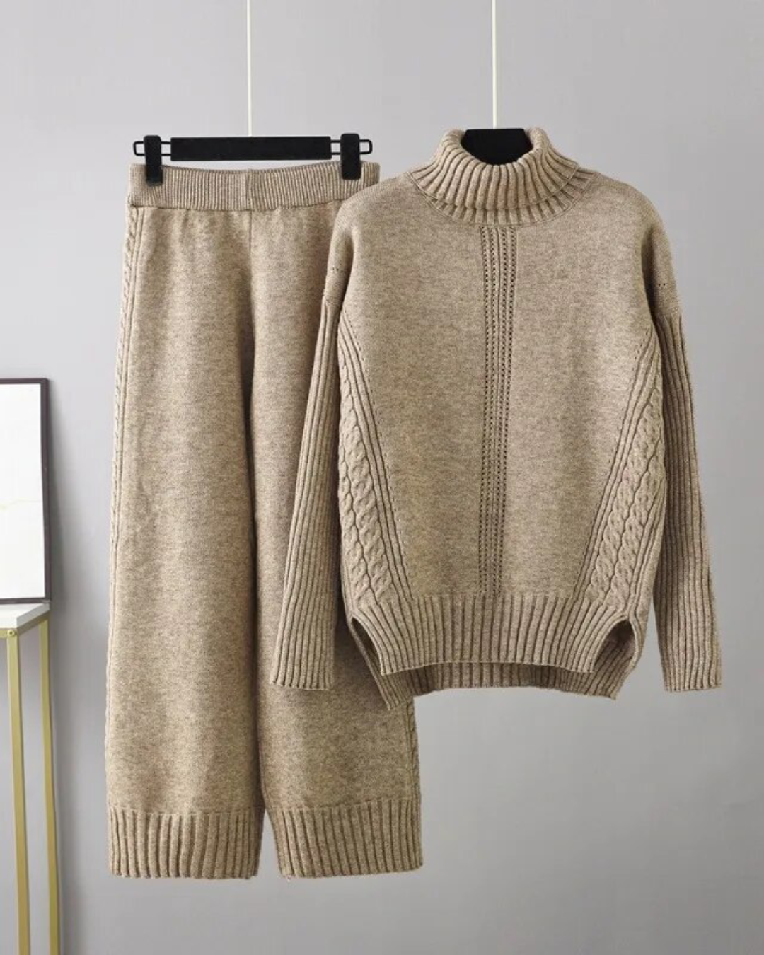 Turtleneck Knitted Top & Trousers Set Khaki One Size 
