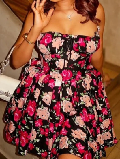 Sexy Floral Printed Pleated Halter-Neck Lace-Up Dress B S