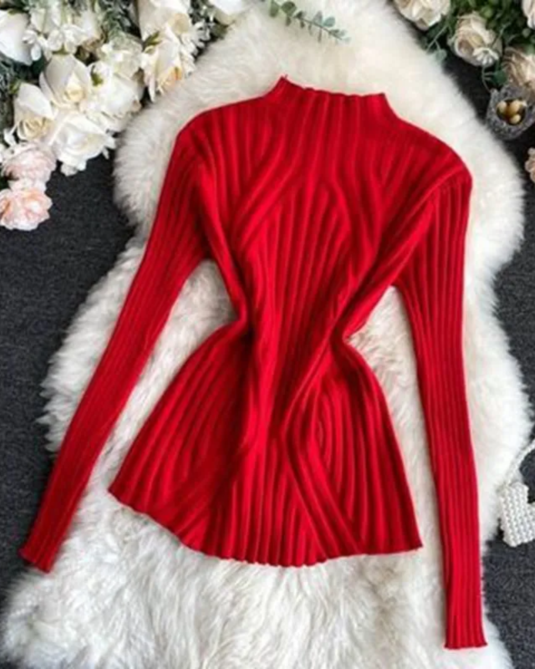 Half Turtleneck Long Sleeve Knitted Sweater Red One Size 