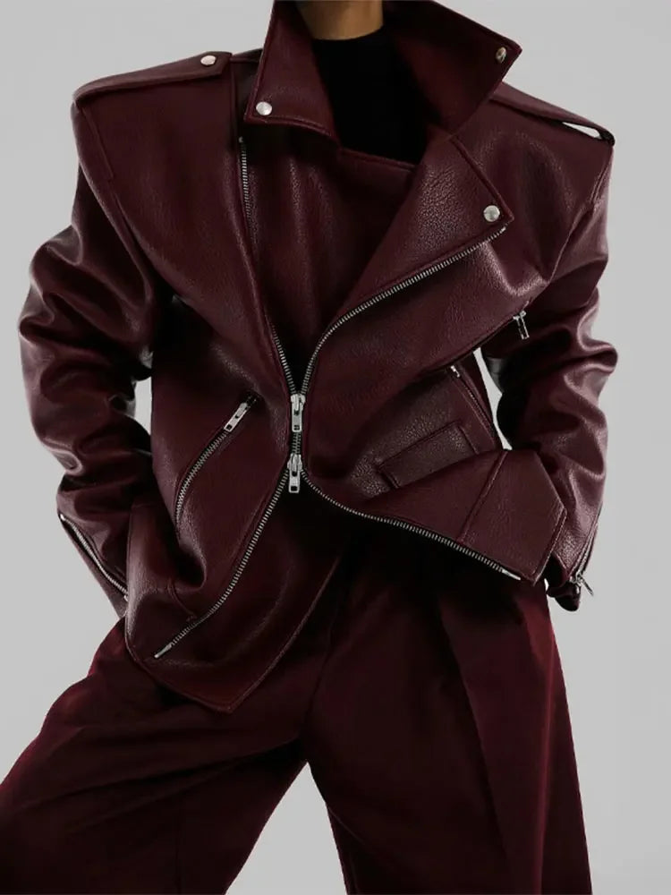 Long Sleeved Double Zipper PU Burgundy Vintage Leather Jacket Coat