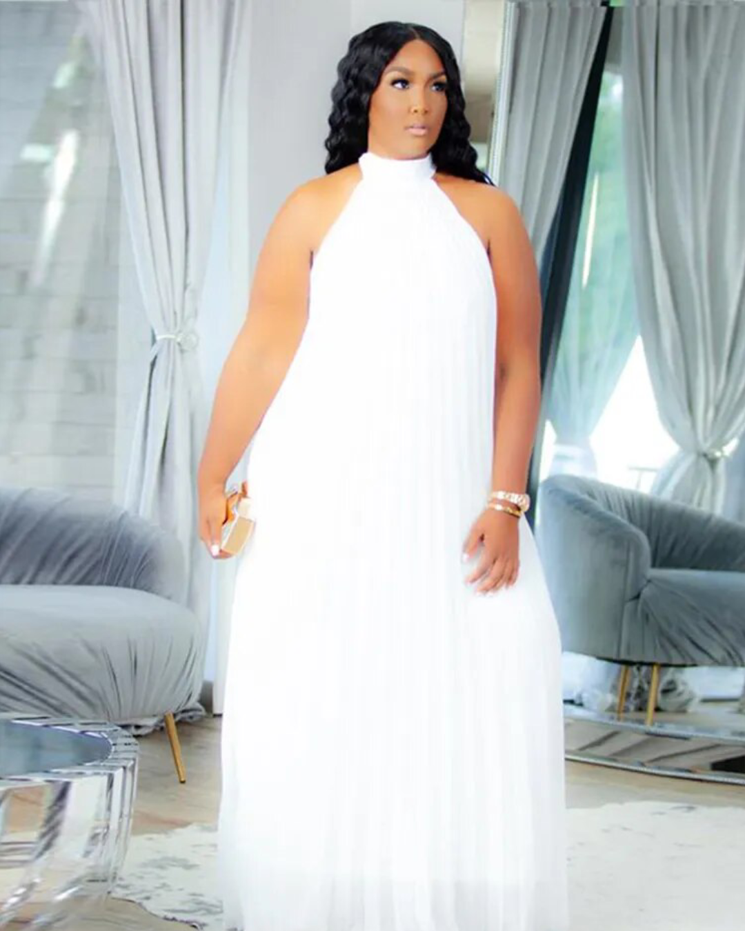 Plus Size Sleeveless Long Halter Dress White XL 
