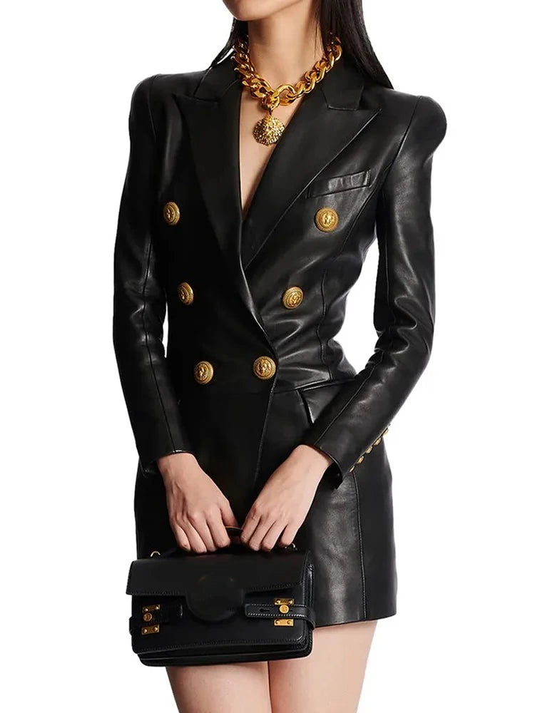 HIGH STREET Newest Fashion 2024 Designer Women's Lion Metal Buttons Faux Leather Blazer Dress