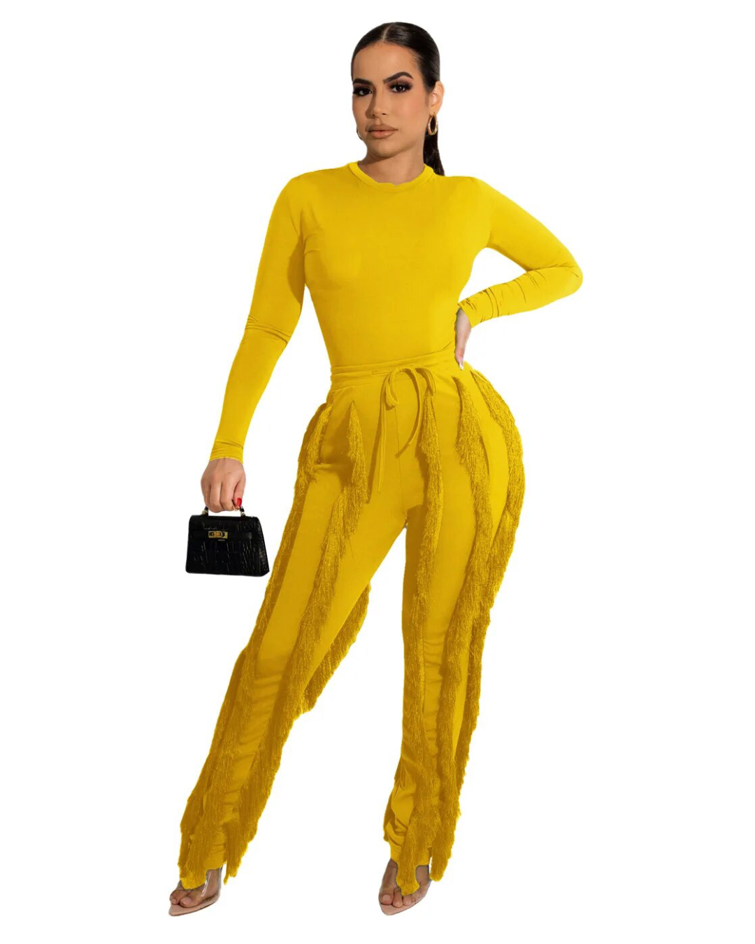 Sleeveless Bodysuit and Fringe Tassel Trousers Set Yellow S 