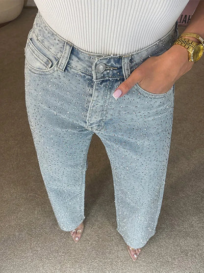 Shiny Rhinestone Wide Leg Jeans