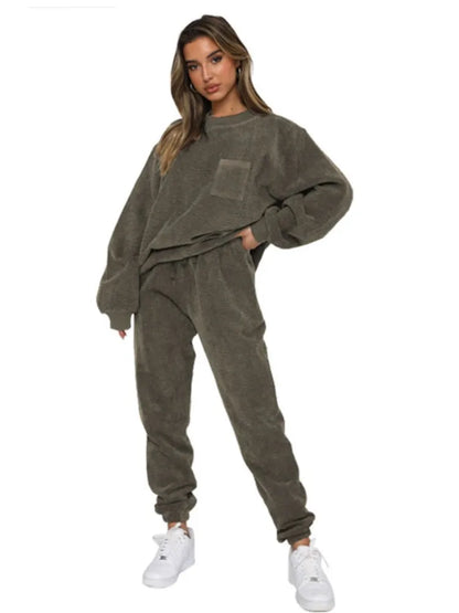 Women's 2-Piece Corduroy Solid Color Pullover with Long Sleeves army green XXL