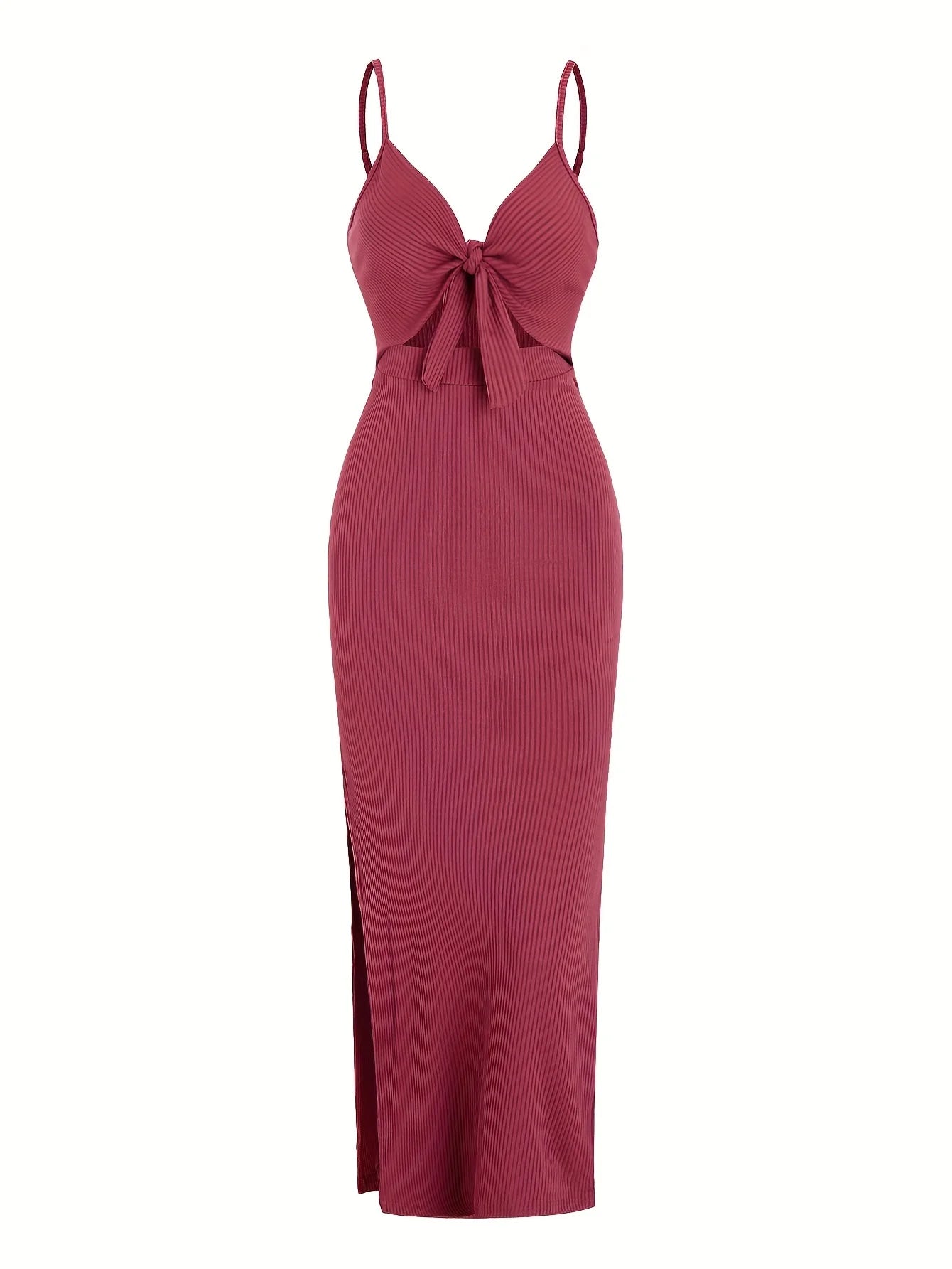 Sexy Ribbed Maxi Dress with Side Split red XS