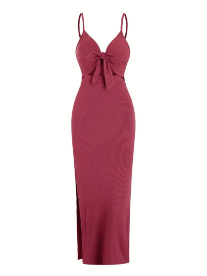Sexy Ribbed Maxi Dress with Side Split red XS