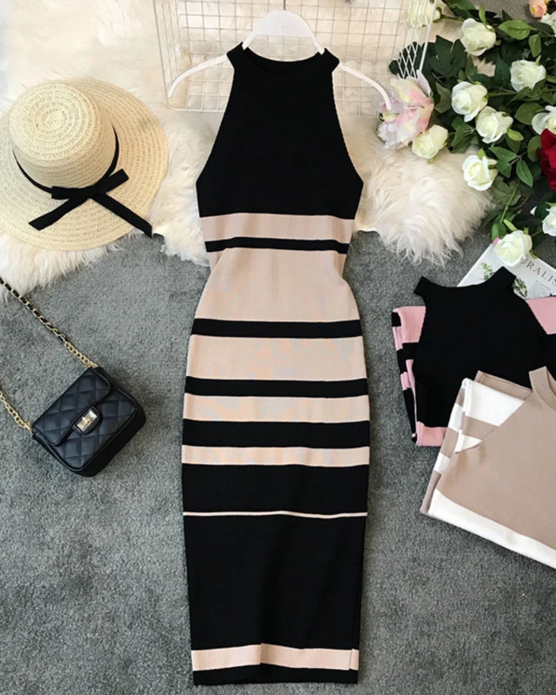 Knitted Round Neck Stripes Dress   