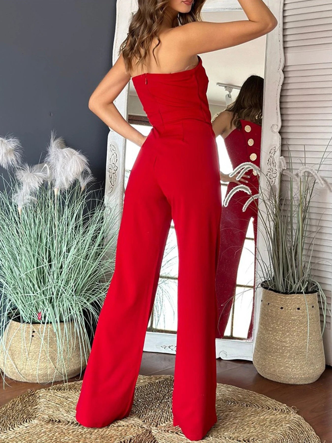 Red Strapless Big Button Jumpsuit