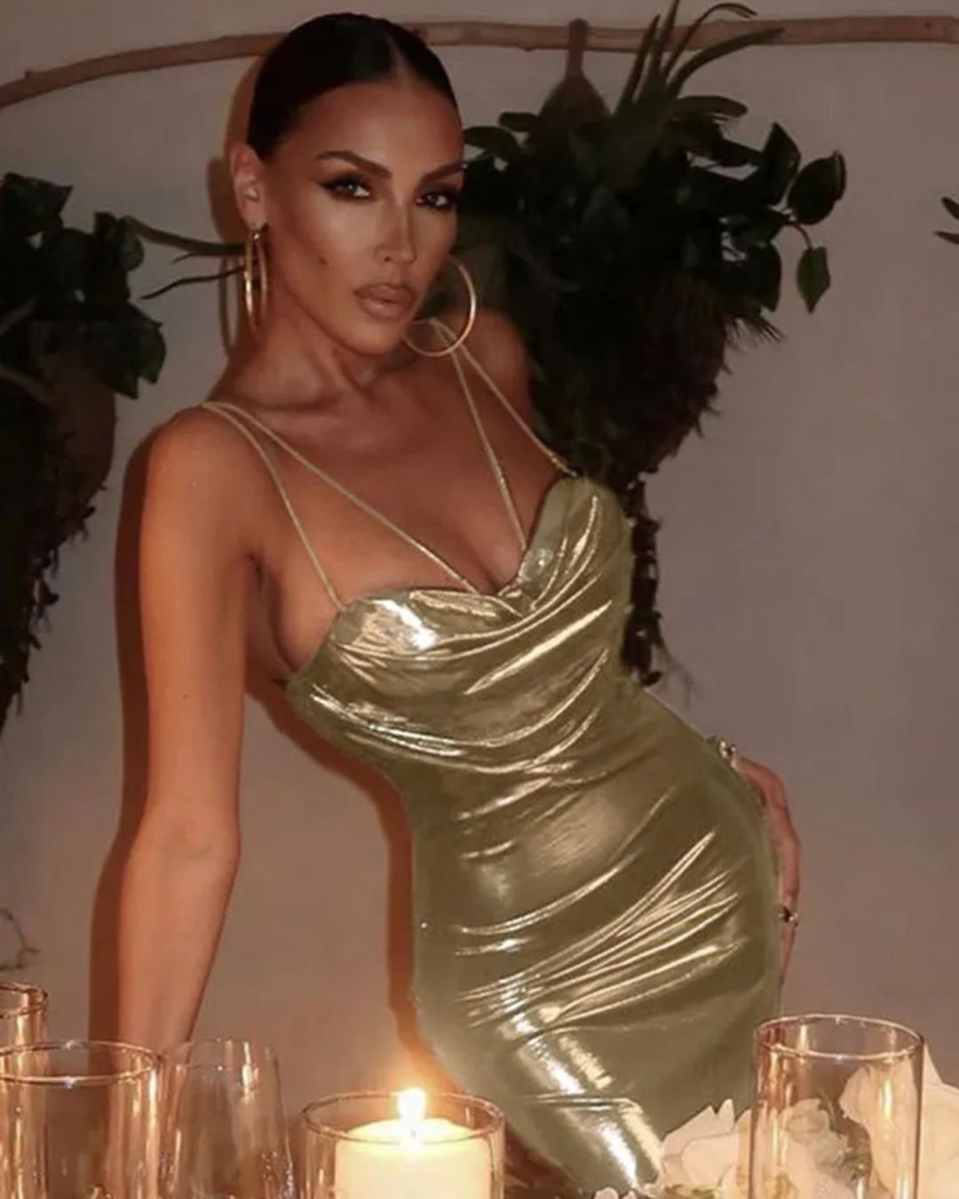 Spaghetti Strap Backless Dress Gold S 