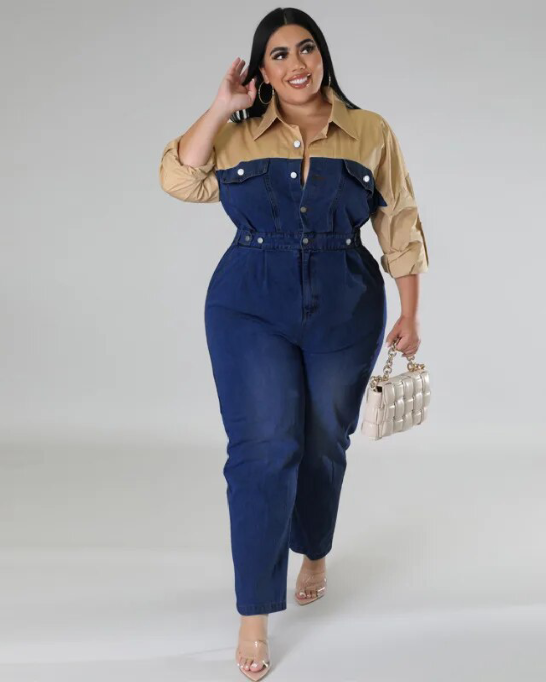 Plus Size One Piece Denim Jumpsuit Dark Blue XL 