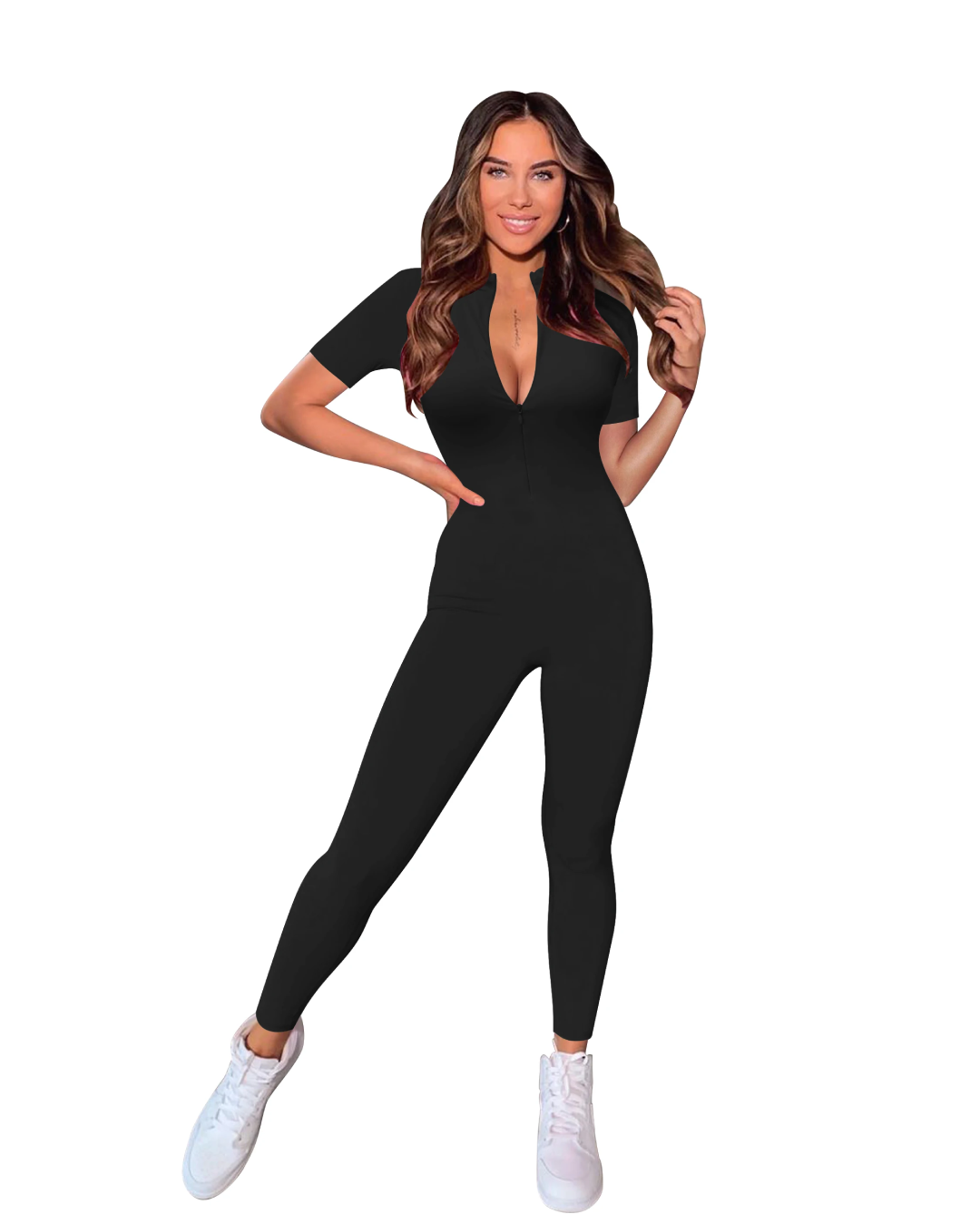 Short Sleeve V-Neck Jumpsuit Black S 