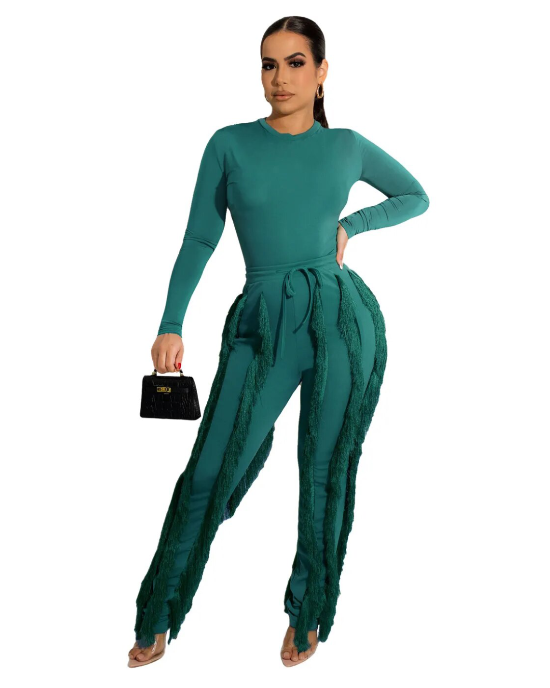 Sleeveless Bodysuit and Fringe Tassel Trousers Set Green S 