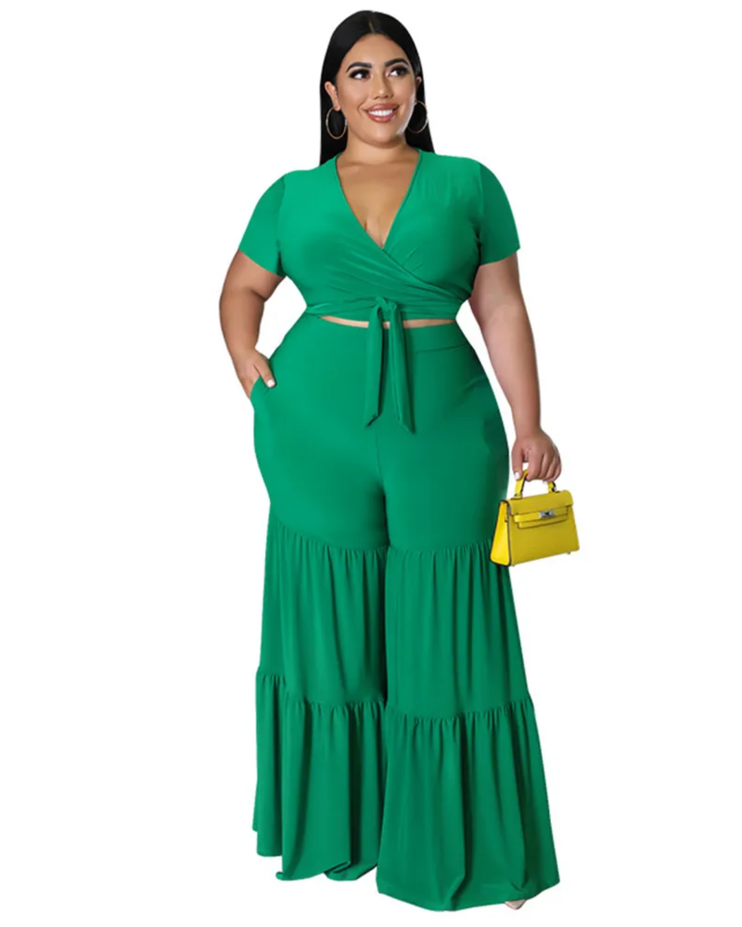 Plus Size Solid Bandage Two Piece Set Green XL 