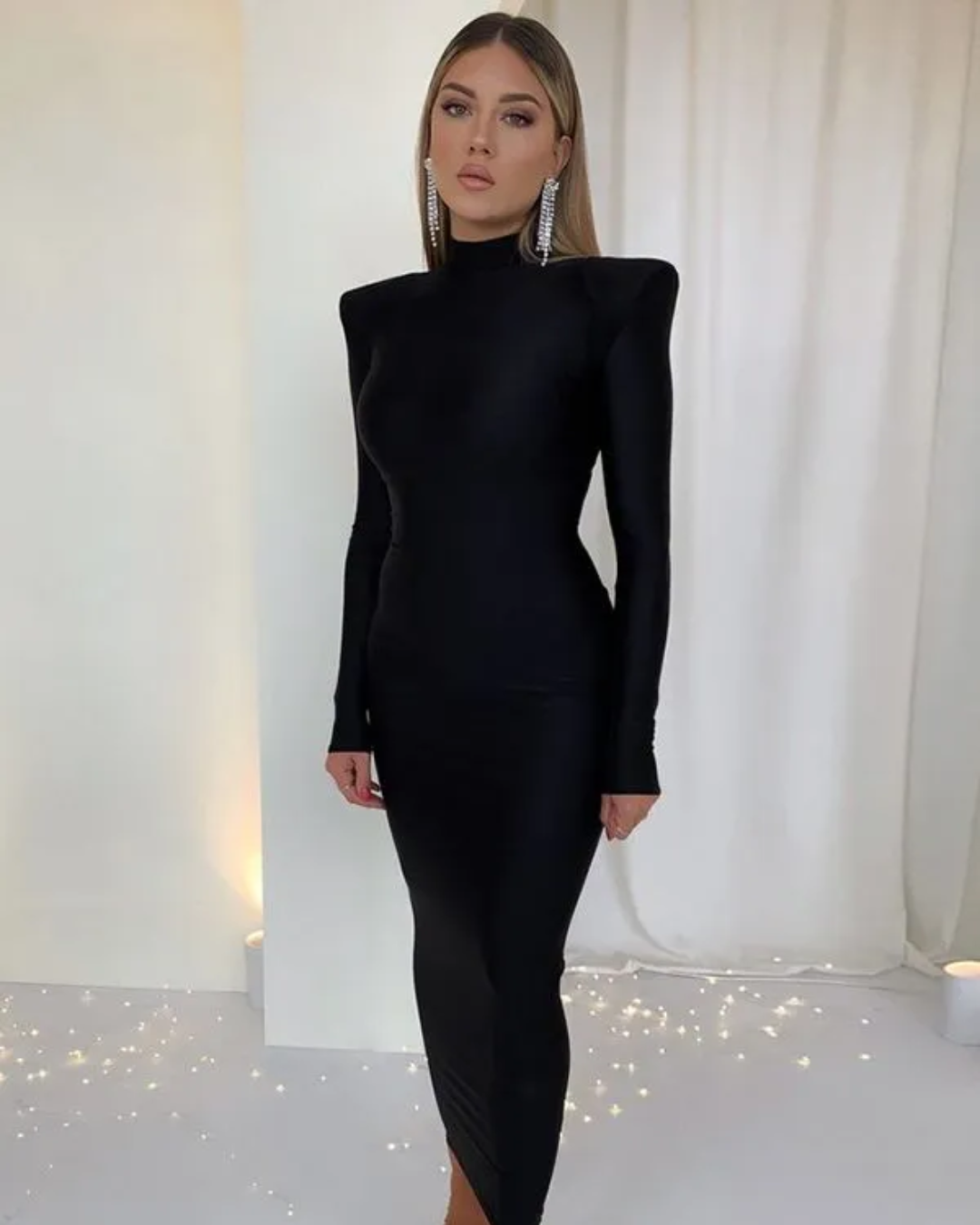 Solid Color Long Sleeve Turtleneck Dress Black S 