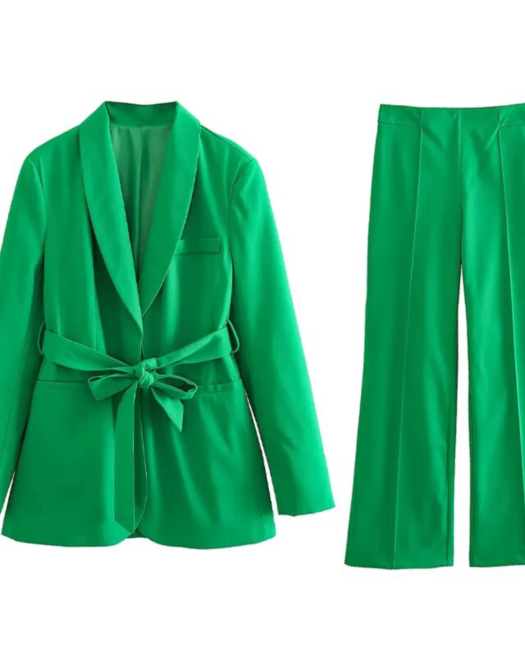 Belted Blazer Top & Pants Set Green Set XS 