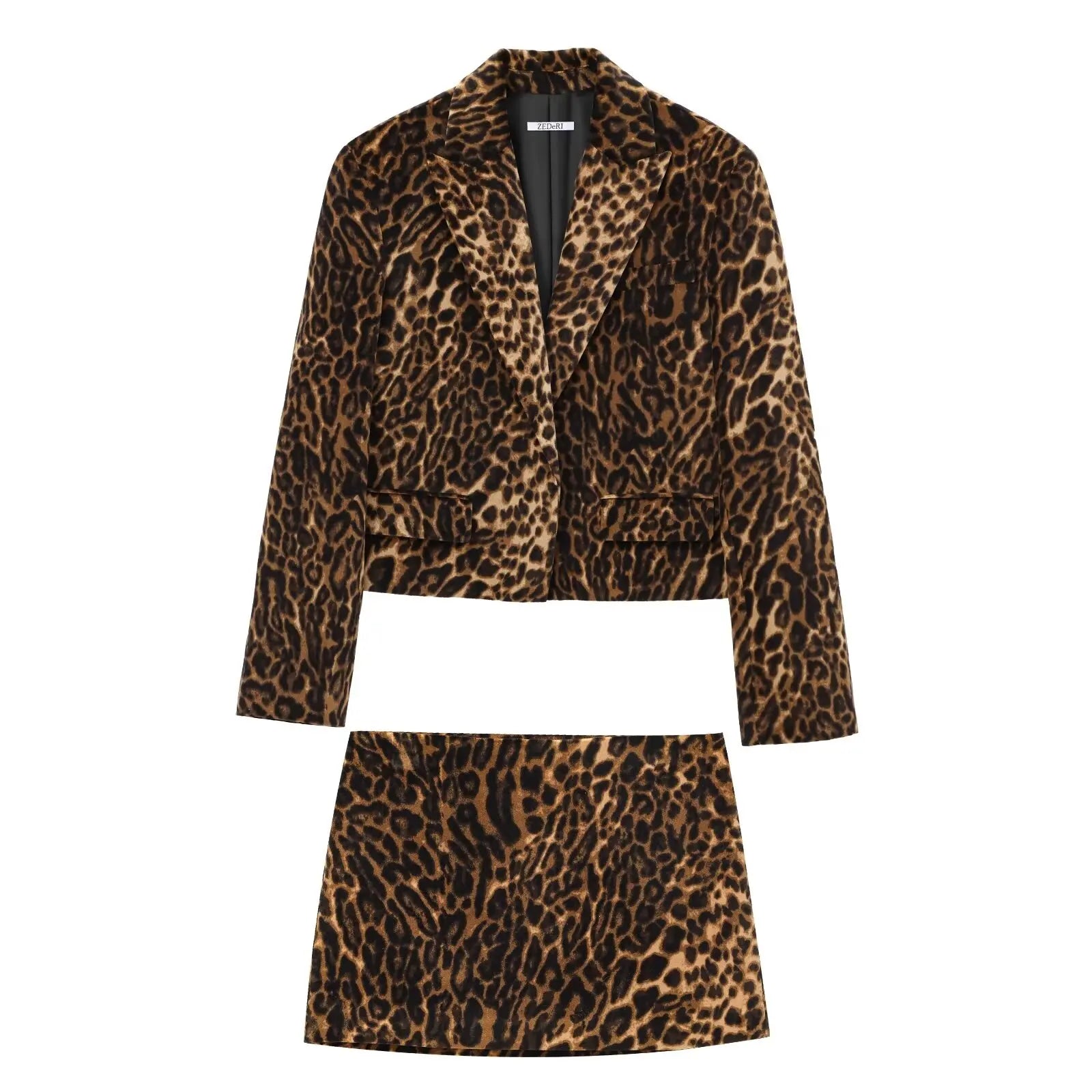 Women's 2-Piece Elegant Leopard Print Lapel Pocket Short Coat and Casual High Waist Side Zipper Mini Skirt leopard suit L