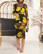 Floral Printed Sexy Mesh Gauze Mid Length Dress Yellow M