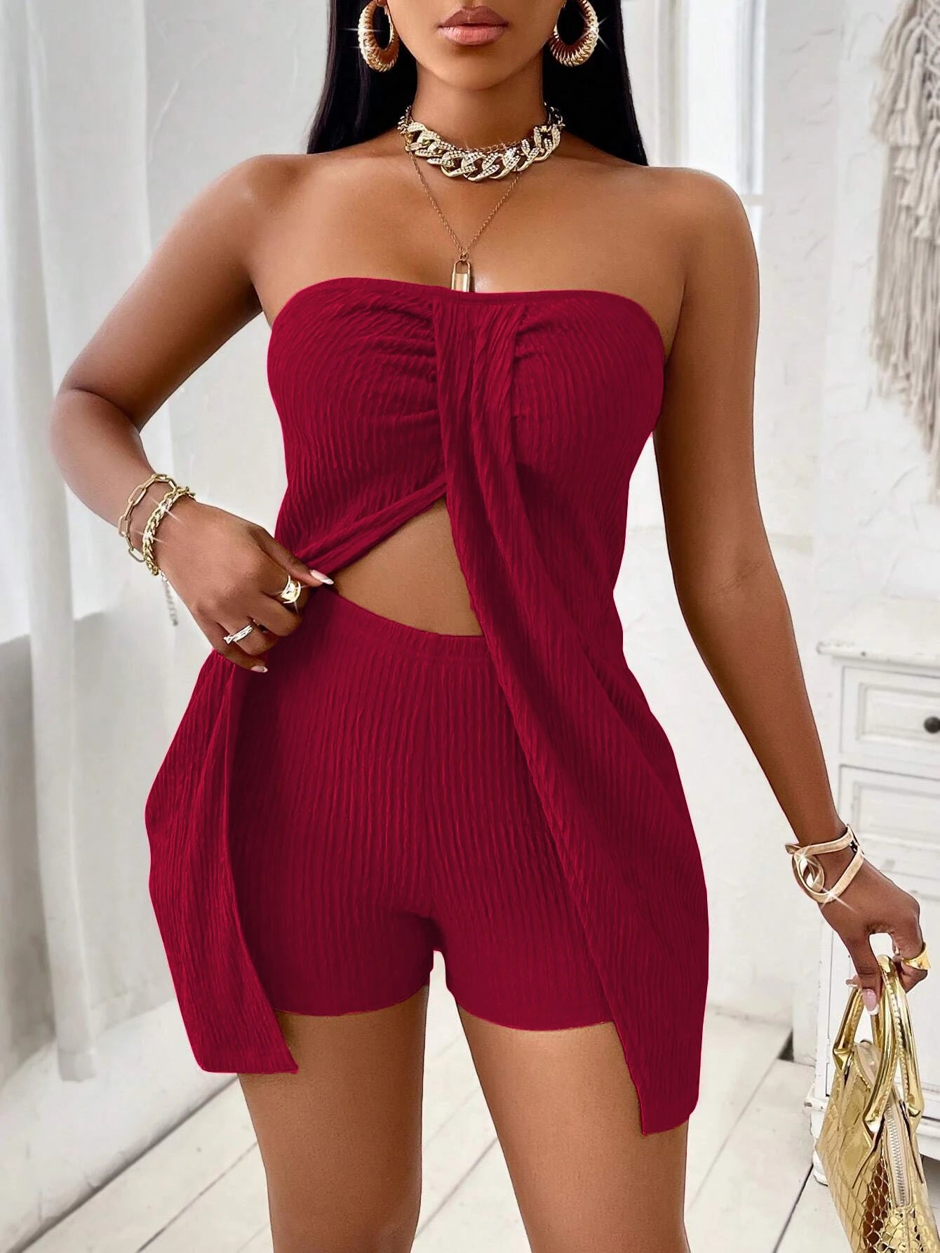 Strapless Bandeau Top Shorts Suit Red S