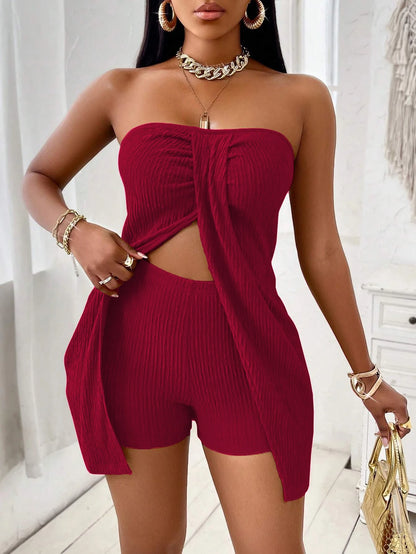 Strapless Bandeau Top Shorts Suit Red S