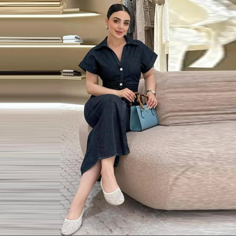 Ruched Waist Popper Front Denim Dress