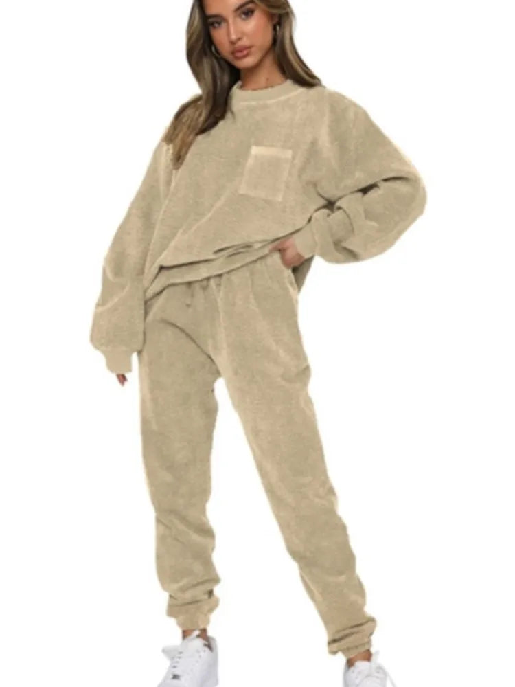 Women's 2-Piece Corduroy Solid Color Pullover with Long Sleeves